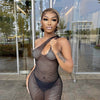 ANJAMANOR Sexy One Shoulder Hollow Fishnet Mesh Maxi Dress Birthday Party Club Outfits See Through Bodycon Long Dresses D85-AH17