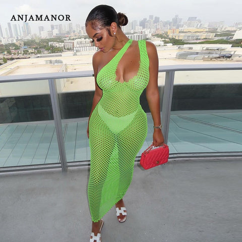 ANJAMANOR Sexy One Shoulder Hollow Fishnet Mesh Maxi Dress Birthday Party Club Outfits See Through Bodycon Long Dresses D85-AH17