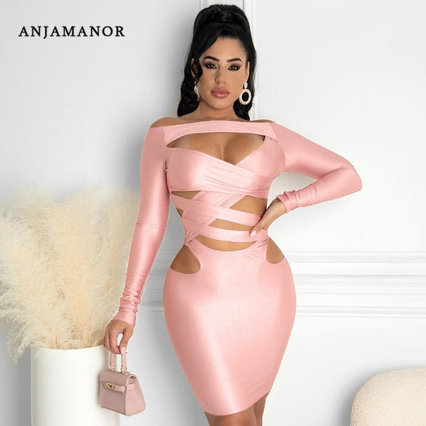 ANJAMANOR Sexy Pink Birthday Dress for Women Party Night Club Wear Cutout Long Sleeve Bandage Bodycon Mini Dress D85-CG22