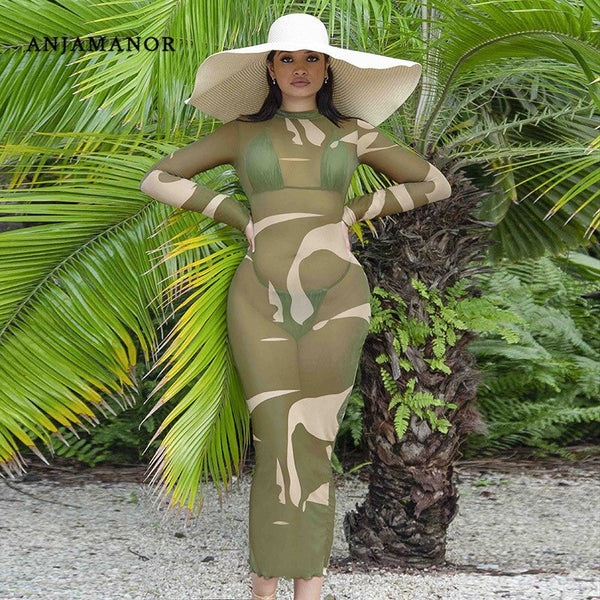 ANJAMANOR Sexy Printed Sheer Mesh Bodycon Dress Beach Cover Up Vacation Outfits for Women Long Sleeve Maxi Dresses D70-BD13