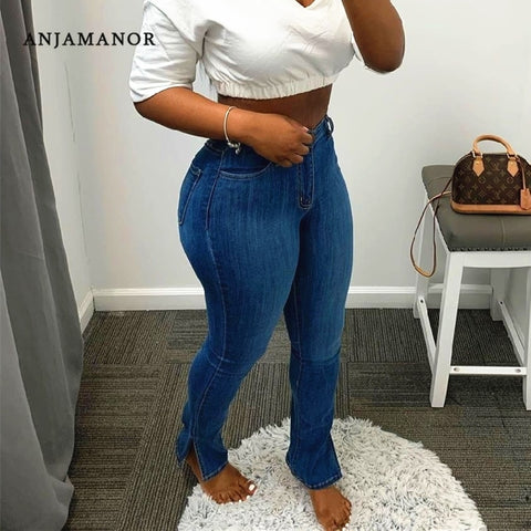 ANJAMANOR Sexy Side Split Skinny Jeans for Women Fall 2022 Black Blue High Waisted Super Stretchy Denim Pencil Pants D22-CI50