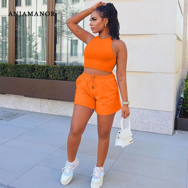 ANJAMANOR Sport Sweat Shorts Sets  Items Casual Summer Clothes Jogger 2 Piece Sets Womens Outfits Tracksuit  D49-CA27