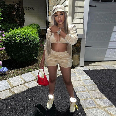 ANJAMANOR Womens Outfits 3 Piece Set Crop Top Hoodies Jacket Shorts Streetwear Sporty Y2k Velvet Tracksuits D18-EZ53