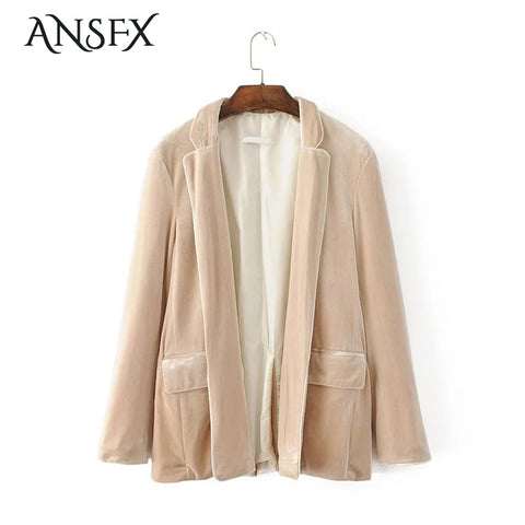 Fashion Velvet Blazers Jacket Long Sleeve Notched Cardigan Velour Suits Coat Trendy Women Autumn Two Pocket Outwear Tops