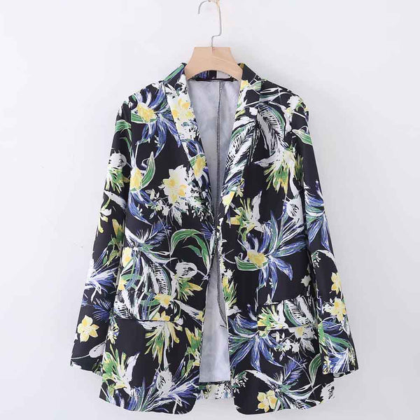 Vintage Floral Print Lapel Open Stitching Blazer Casual 2022 Woman Pockets Slim Fit Suit Jacket Coat Outerwear Tops Black