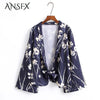 Vintage Woman Floral Leaf Pattern Print Tied Bow Hem Blazers Long Sleeve Ethnic Autumn Suits Outerwear Casual Cardigan