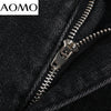 AOMO 2022 Women Black Jeans Pants Long Trousers High Waist Pockets Buttons Female Pants JE162A