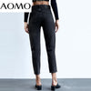AOMO 2022 Women Black Jeans Pants Long Trousers High Waist Pockets Buttons Female Pants JE162A