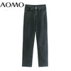 AOMO 2022 Women Black Jeans Pants Long Trousers High Waist Pockets Buttons Female Pants JE162A