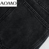 AOMO 2022 Women Black Jeans Pants Long Trousers High Waist Pockets Buttons Female Pants JE162A
