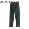 AOMO 2022 Women Black Jeans Pants Long Trousers High Waist Pockets Buttons Female Pants JE162A