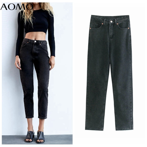 AOMO 2022 Women Black Jeans Pants Long Trousers High Waist Pockets Buttons Female Pants JE162A