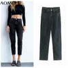 AOMO 2022 Women Black Jeans Pants Long Trousers High Waist Pockets Buttons Female Pants JE162A