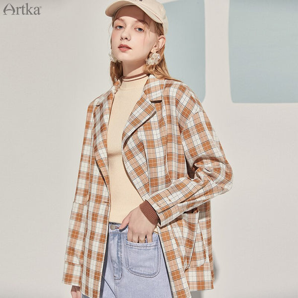 ARTKA 2023 Autumn Women Blazers Vintage Plaid Blazer Jacket Coat Loose Casual Thin Shirt Outwear W120003Q