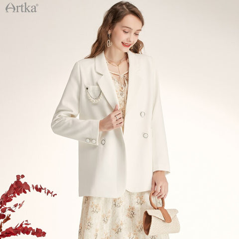 ARTKA 2022 Autumn Women Blazers Elegant OL Style Blazer Jacket Coat Casual Double-breasted White Blazer WA29011Q