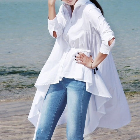ASYMSAY 2023 Korean Style Irregular Long Shirt Blouse White Black Loose Coattail Hem Fit Solid Women Tops AZ9350
