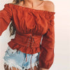 2022 Women Blouses Lace Up Satin Corset Off Shoulder Tops Slash Neck Lantern Sleeve Solid Short High Street Shirts