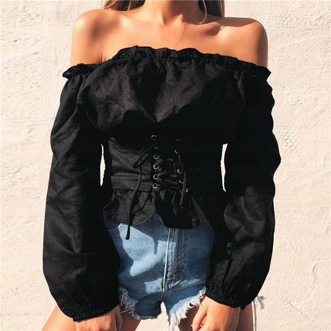 2022 Women Blouses Lace Up Satin Corset Off Shoulder Tops Slash Neck Lantern Sleeve Solid Short High Street Shirts