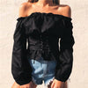 2022 Women Blouses Lace Up Satin Corset Off Shoulder Tops Slash Neck Lantern Sleeve Solid Short High Street Shirts