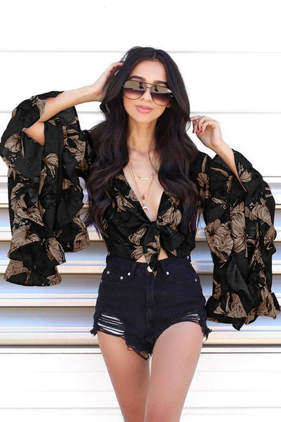 Fashion Women Sexy V-neck Irregular Blouse Ruffles Flare Sleeve Shirt Tops Blouses Floral Print Blusas