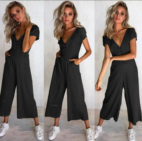 Women Sexy Deep V Neck Button Short Sleeve Summer Fashion Casual Full Length Soild Jumpsuits