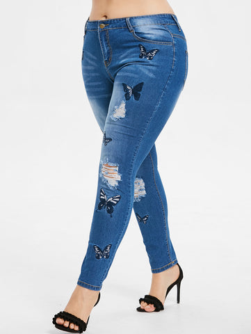 Plus Size Butterfly Distressed Embroidered Jeans Women Pant Skinny High Waist Pencil Pants Denim Jean Ladies Trousers