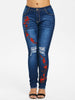 Plus Size Distressed Embroidery Jeans Women Pants Casual Pencil Pants Jeans Femme Denim Skinny Ladies Trousers Big Size