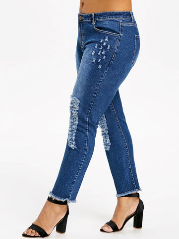 Plus Size Jeans Five Pocket Ladder Ripped Distressed Frayed Denim Women Pant Skinny Pencil Pants 2022 New Ladies Clothes