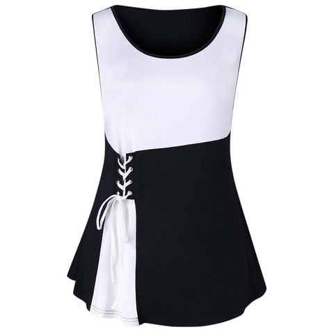 Plus Size Lace Up Tank Top 2022 Two Tone Summer Scoop Neck Sleeveless Women Tops Causal Ladies Tanks Big Size Clothing