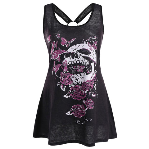 Plus Size Skull Butterfly Tunic Racerback Tank Top Gothic Women Tops Summer Casual U Neck Hoop Insert Tanks Clothes 5XL