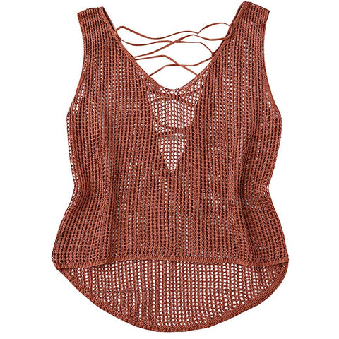 Sexy Sleeveless Knitted Top Women Lace Up Crochet Tank Top Hollow Out High Low Tie Back