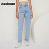 Aachoae 2022 100% Cotton Mom Jeans Women High Waist Solid Pockets Cowboy Pants Zipper Fly Long Denim Pencil Trousers