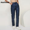 Aachoae 2022 100% Cotton Mom Jeans Women High Waist Solid Pockets Cowboy Pants Zipper Fly Long Denim Pencil Trousers
