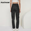 Aachoae 2022 100% Cotton Mom Jeans Women High Waist Solid Pockets Cowboy Pants Zipper Fly Long Denim Pencil Trousers