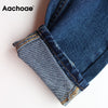 Aachoae 2022 100% Cotton Mom Jeans Women High Waist Solid Pockets Cowboy Pants Zipper Fly Long Denim Pencil Trousers