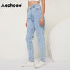 Aachoae 2022 100% Cotton Mom Jeans Women High Waist Solid Pockets Cowboy Pants Zipper Fly Long Denim Pencil Trousers