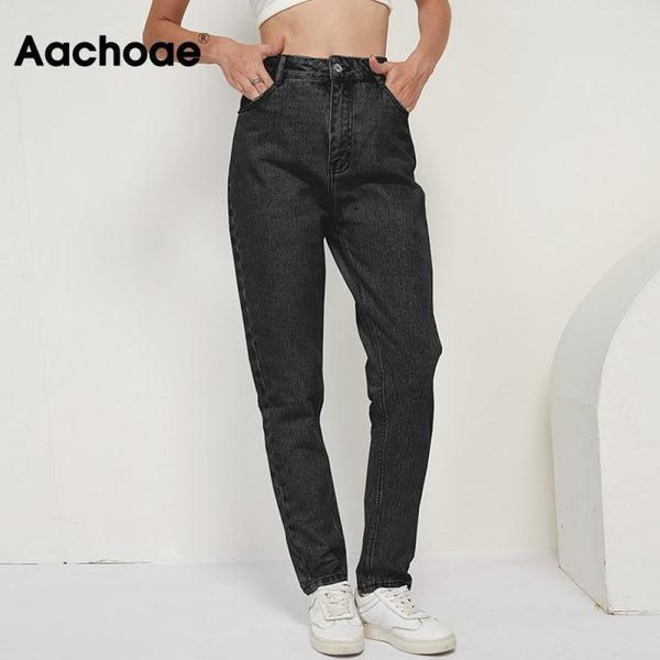 Aachoae 2022 100% Cotton Mom Jeans Women High Waist Solid Pockets Cowboy Pants Zipper Fly Long Denim Pencil Trousers