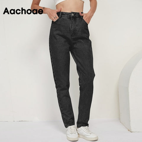 Aachoae 2022 100% Cotton Mom Jeans Women High Waist Solid Pockets Cowboy Pants Zipper Fly Long Denim Pencil Trousers