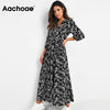 Aachoae 2023 Women Long Printed Dresses Three Quarter Sleeve Bohemian Maxi Dress Turn Down Collar Shirt Dress Vestidos Mujer