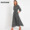 Aachoae 2023 Women Long Printed Dresses Three Quarter Sleeve Bohemian Maxi Dress Turn Down Collar Shirt Dress Vestidos Mujer