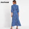 Aachoae 2023 Women Long Printed Dresses Three Quarter Sleeve Bohemian Maxi Dress Turn Down Collar Shirt Dress Vestidos Mujer