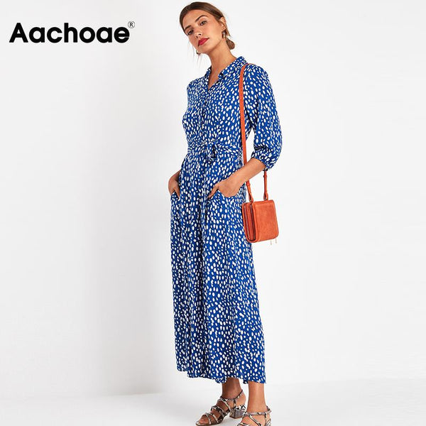 Aachoae 2023 Women Long Printed Dresses Three Quarter Sleeve Bohemian Maxi Dress Turn Down Collar Shirt Dress Vestidos Mujer