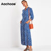 Aachoae 2023 Women Long Printed Dresses Three Quarter Sleeve Bohemian Maxi Dress Turn Down Collar Shirt Dress Vestidos Mujer