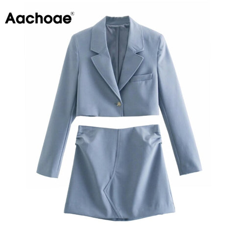 Aachoae Blue Color Two Piece Set Women Notched Neck Short Blazers Pleated Stylish A Line Mini Skirt Sets Tailleurs Jupes