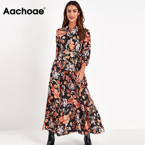 Aachoae Floral Print Long Maxi Dress Women Casual Turn Down Collar Shirt Dress Three Quarter Sleeve Bohemian Sashes Dresses
