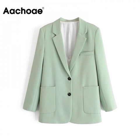 Aachoae Green Color Casual Blazer Women Big Pockets Long Sleeve Jacket Female Notched Collar Office Wear Blazer Ropa De Mujer