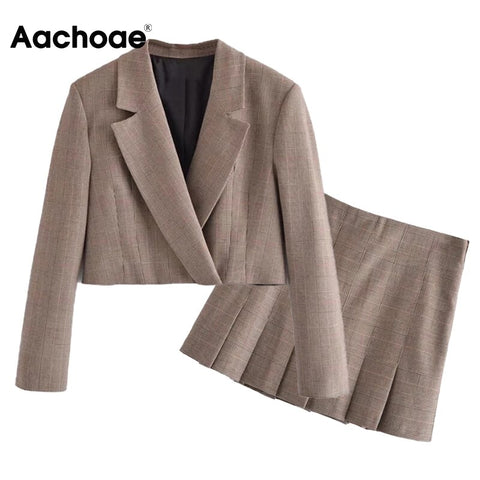 Aachoae Khaki Color Plaid 2 Piece Set Women Notched Neck Vintage Short Blazer Pleated Mini Skirt Set Lady Outfit Tailleurs Jupes