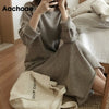 Aachoae O Neck Knitted Dress Women Batwing Long Sleeve Basic Casual Straight Dress Soft Home Style Lady Long Dresses Vestidos