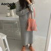 Aachoae O Neck Knitted Dress Women Batwing Long Sleeve Basic Casual Straight Dress Soft Home Style Lady Long Dresses Vestidos