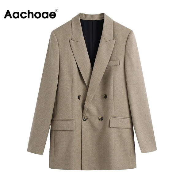 Aachoae Office Casual Double Breasted Khaki Blazer Suit Women Notched Neck Elegant Blazers Long Sleeve Ladies Tops Outerwear